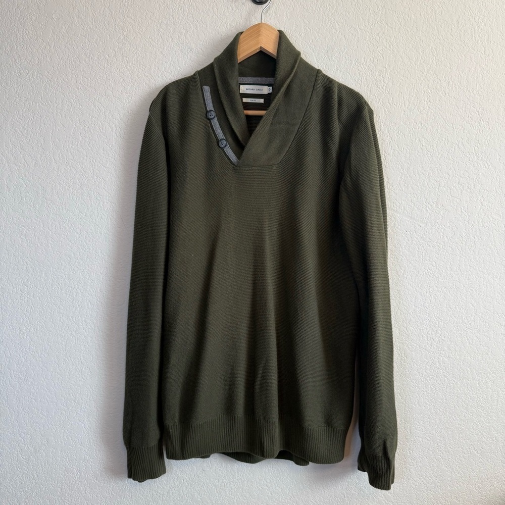 Arturo Calle Olive Green Cotton Long Sleeve Shawl Button Collar Sweater Shirt MD